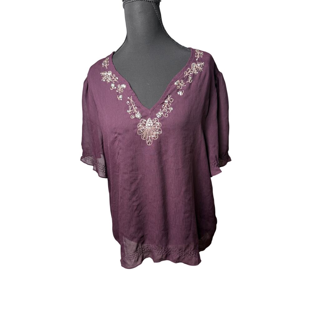Vintage Y2K Early 2000s NINE & Company Women's SZ 12 Sheer Embroidered Top Flowy